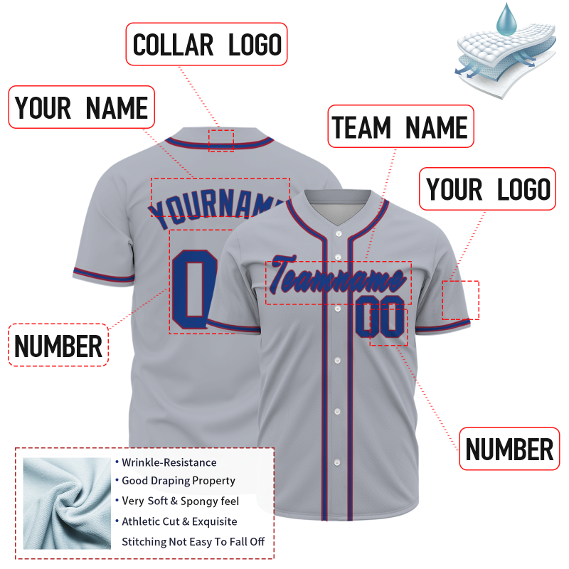 Custom Gray Red Blue Baseball Jersey Personalized Fashion Classic Style Design Authentic