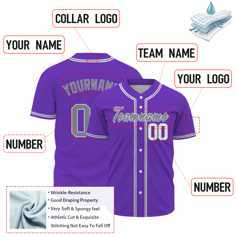 Custom  Purple Gray White Authentic Baseball Jersey Personalized Fashion Design Classic Style