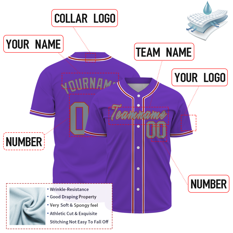 Custom Purple Gray Red - White  Authentic Baseball Jersey Personalized Fashion Design Classic Style