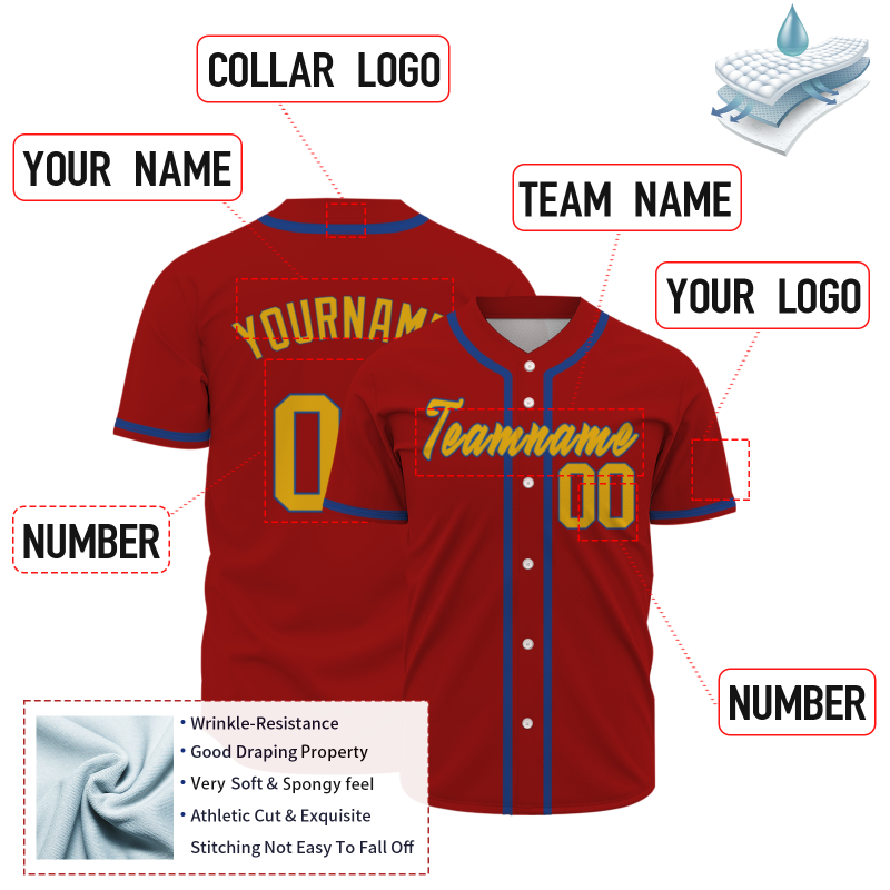 Custom Red Yellow Dark Blue  Authentic Baseball Jersey Personalized Fashion Design Classic Style
