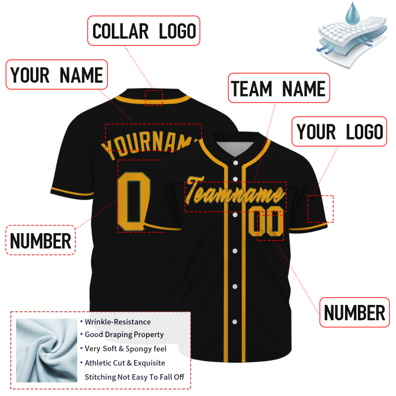 Custom Black Gold Classic Style Full Button Authentic Baseball Jersey