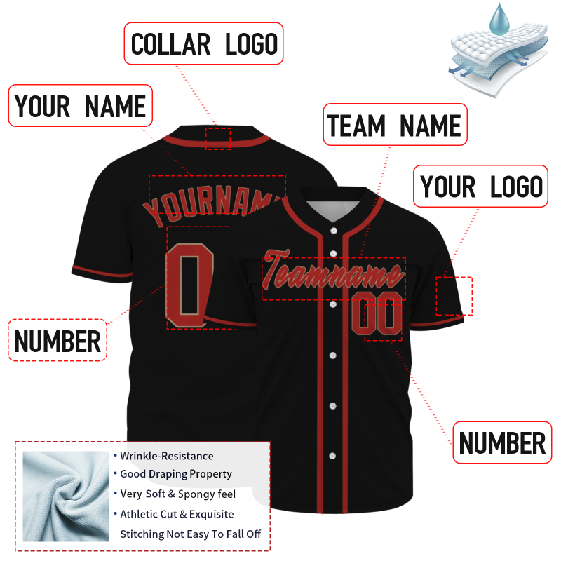 Custom Black Red Classic Style Full Button Authentic Baseball Jersey