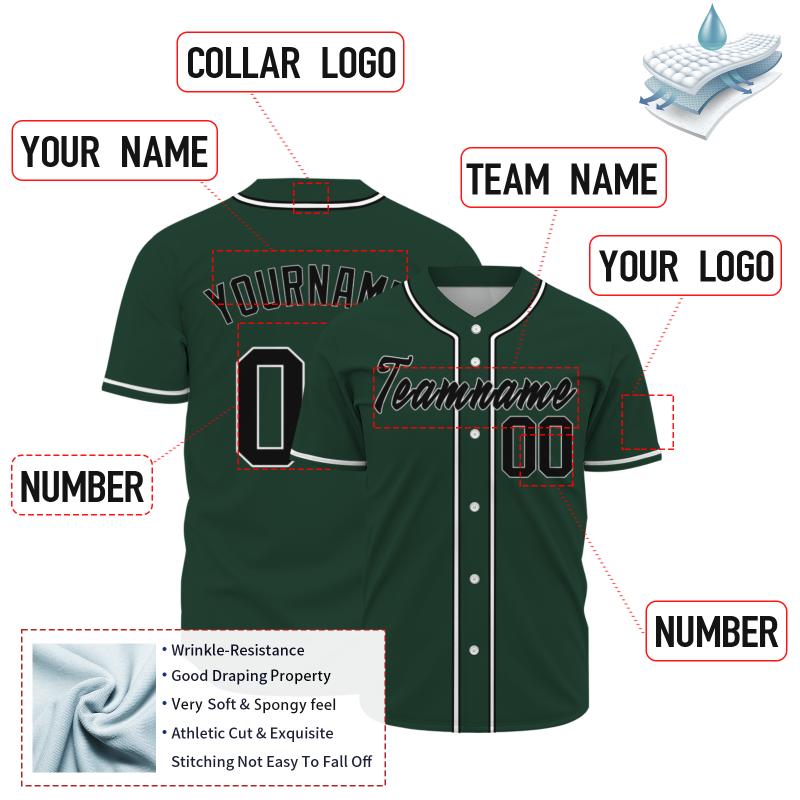 Custom Dark Green Black White Classic Style Full Button Authentic Baseball Jersey