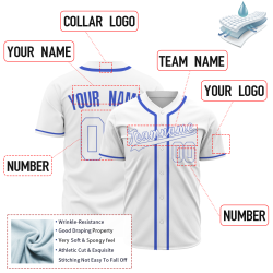 Custom White Blue Classic Style Fashion Design Full Button Authentic Baseball Jersey