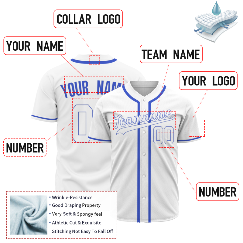 Custom White Blue Classic Style Fashion Design Full Button Authentic Baseball Jersey