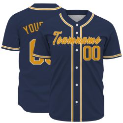 Custom Navy Blue Yellow White Button Down Baseball Jersey Classic Style Sport Jersey