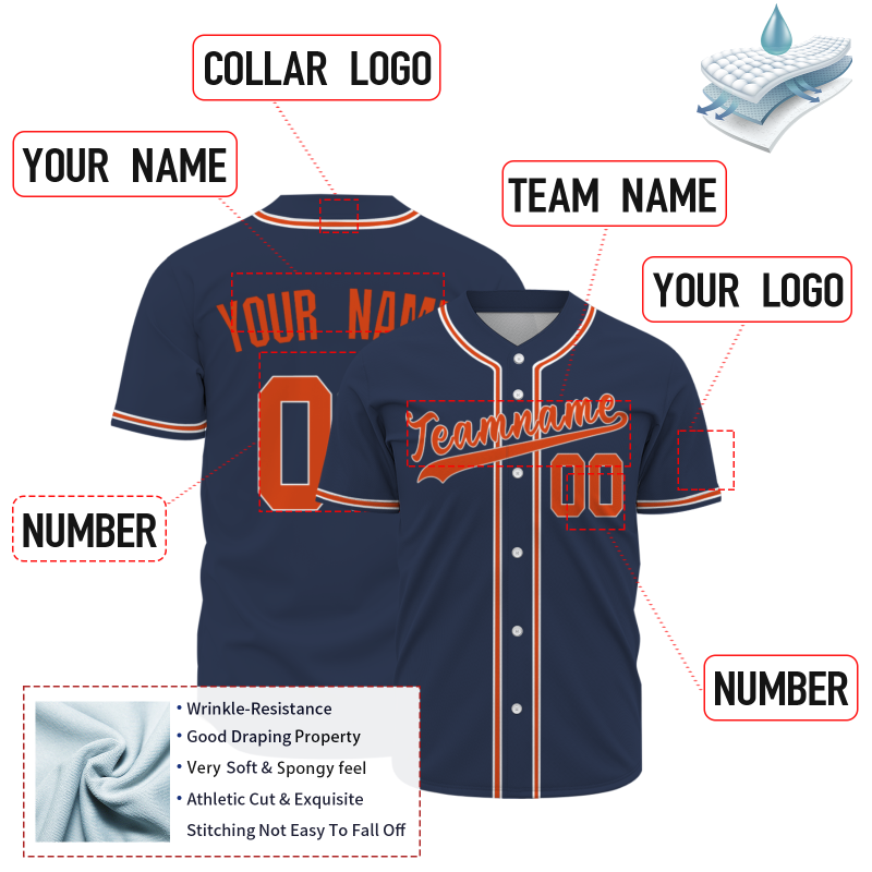 Custom Navy Blue Orange White Button Down Baseball Jersey Classic Style Sport Jersey