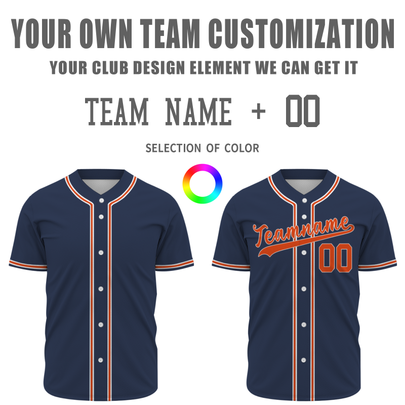 Custom Navy Blue Orange White Button Down Baseball Jersey Classic Style Sport Jersey