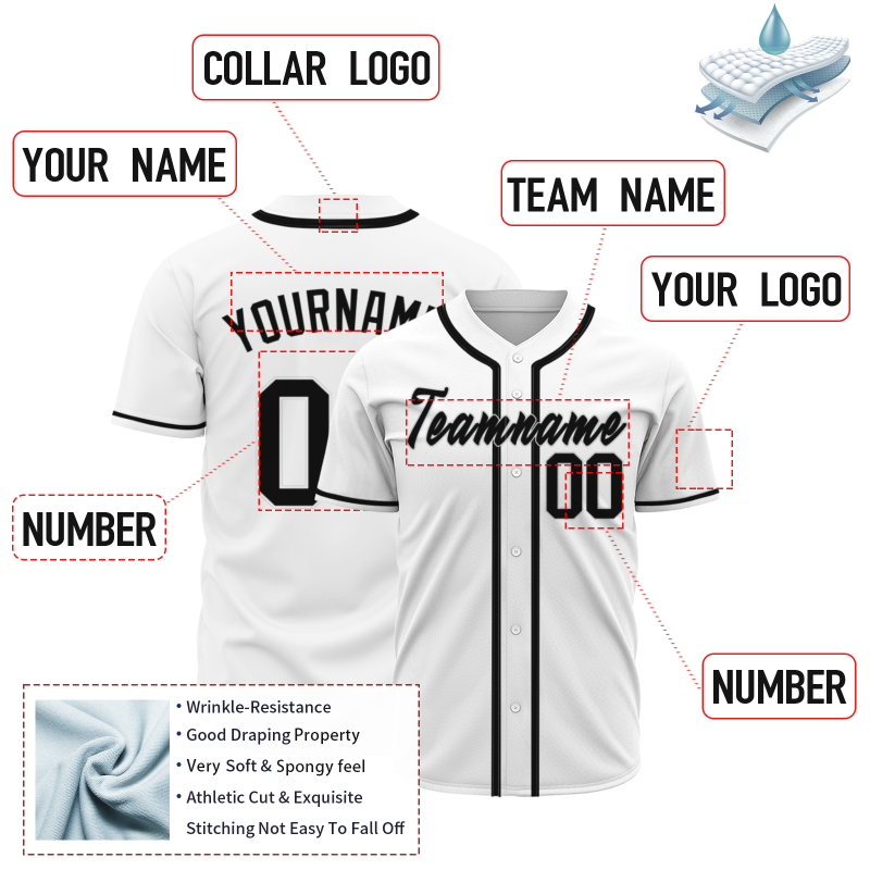 Custom White Black Button Down Baseball Jersey Classic Style Sport Jersey