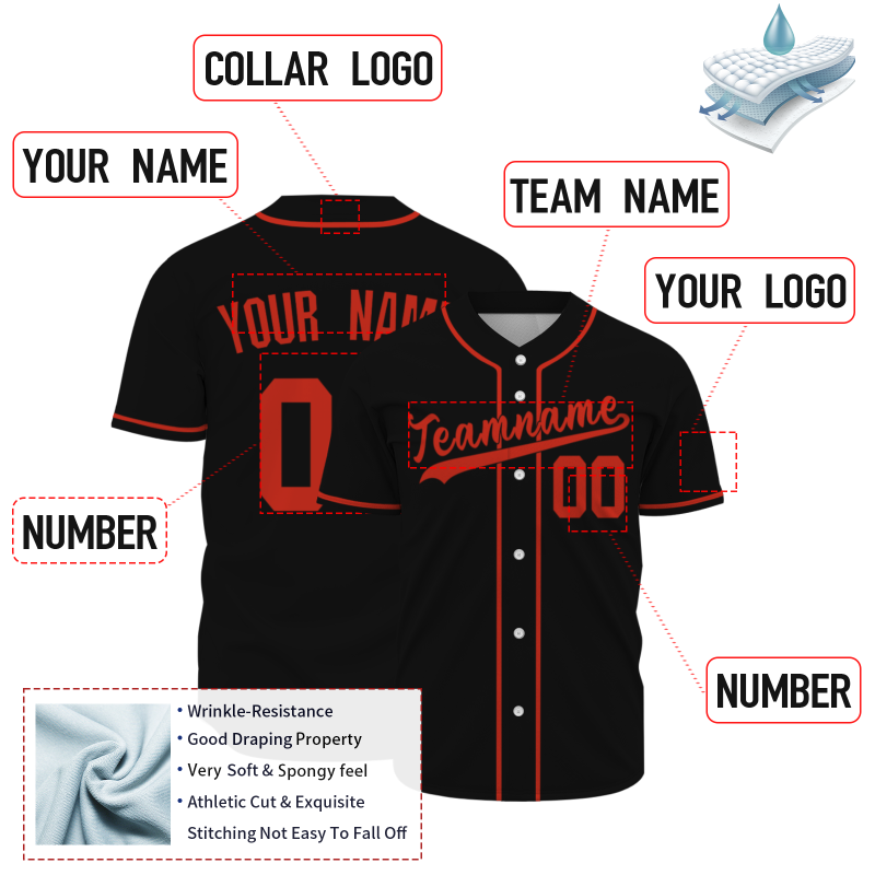Custom Black Red Button Down Baseball Jersey Classic Style Sport Jersey