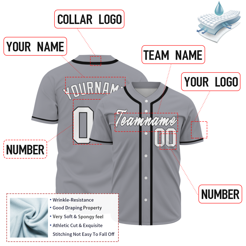 Custom Gray White Black Button Down Baseball Jersey Classic Style Sport Jersey