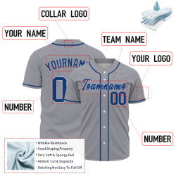 Custom Gray-Blue Button Down Baseball Jersey Classic Style Sport Jersey