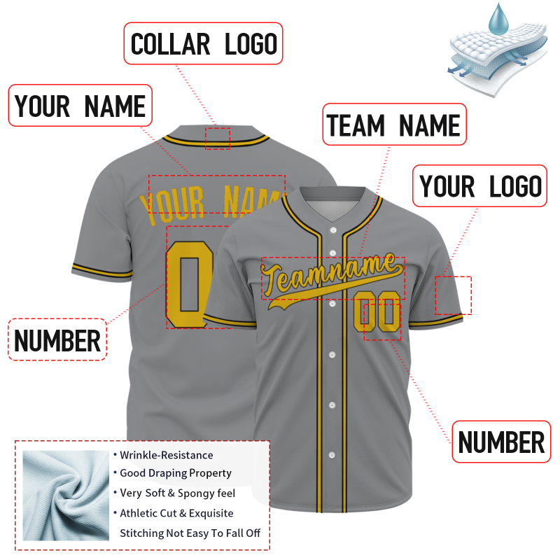 Custom Gray Royal Yellow Black Button Down Baseball Jersey Classic Style Sport Jersey