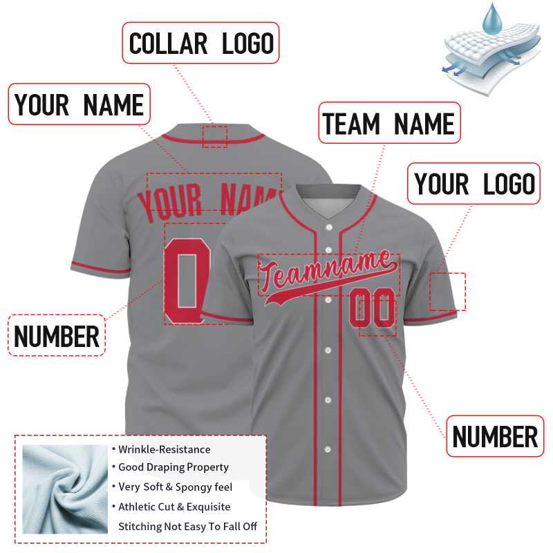 Custom Gray-Red Button Down Baseball Jersey Classic Style Sport Jersey