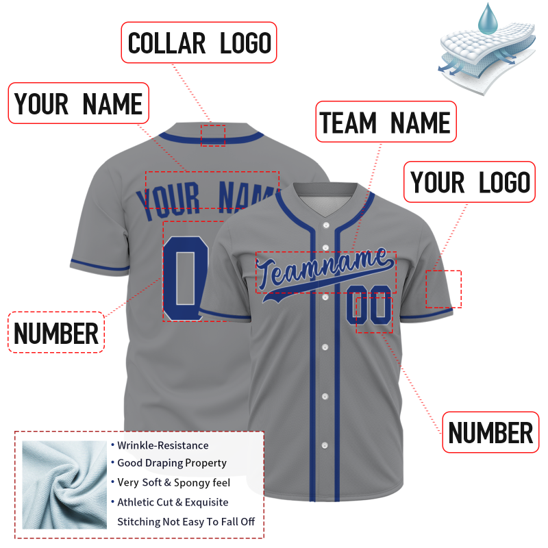 Custom Gray-Blue Button Down Baseball Jersey Classic Style Sport Jersey