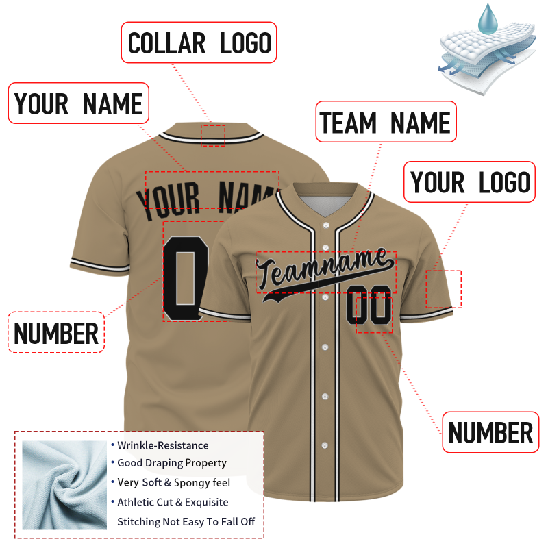 Custom Khaki Black White Classic Style Button Down Authentic Baseball Jersey