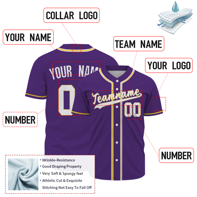 Custom Purple Yellow White Classic Style Button Down Authentic Baseball Jersey