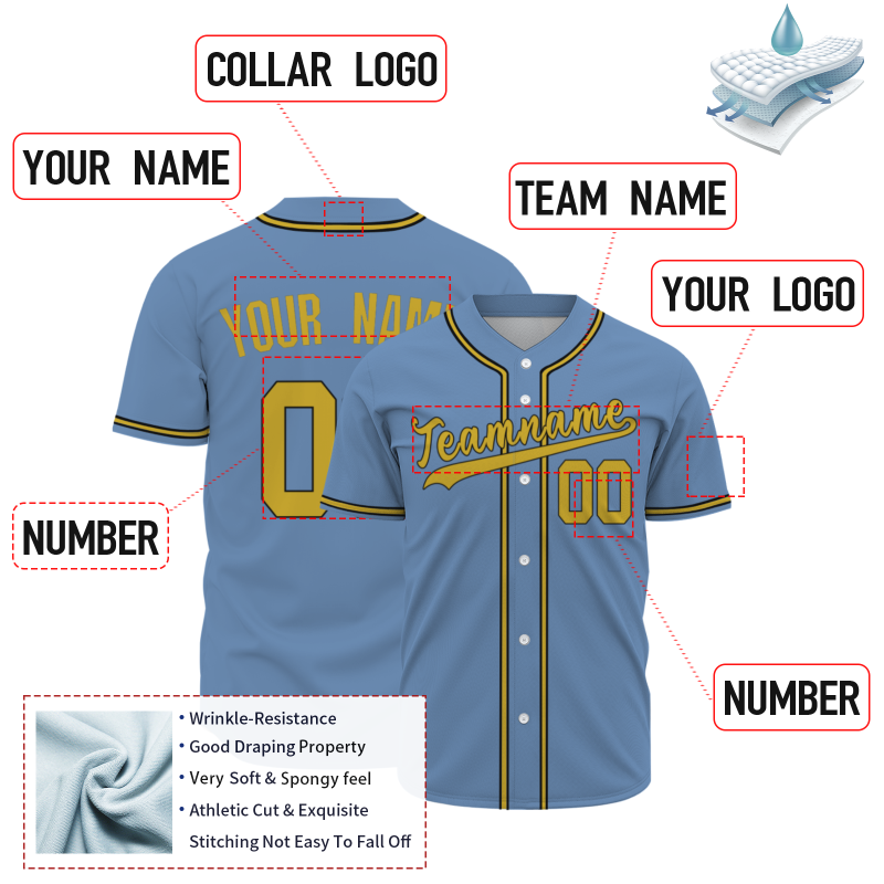 Custom Blue Yellow Classic Style Authentic  Button Down Baseball Jersey
