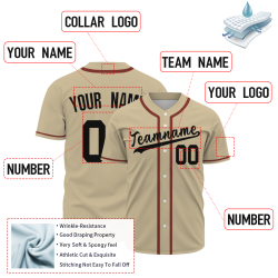 Custom Khaki Black Red Fashion Design Button Down Baseball Jersey