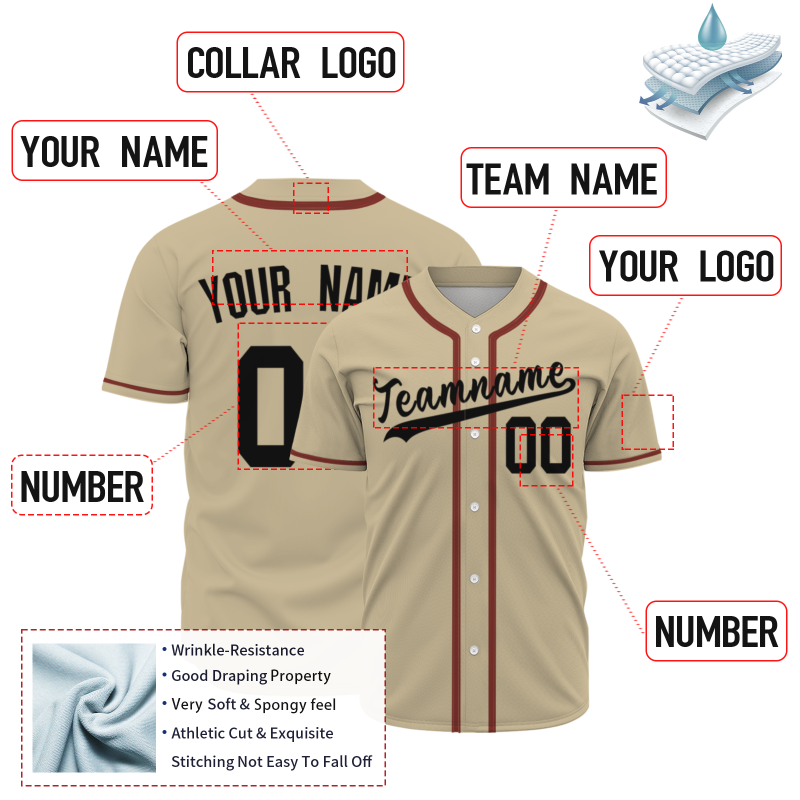 Custom Khaki Black Red Fashion Design Button Down Baseball Jersey