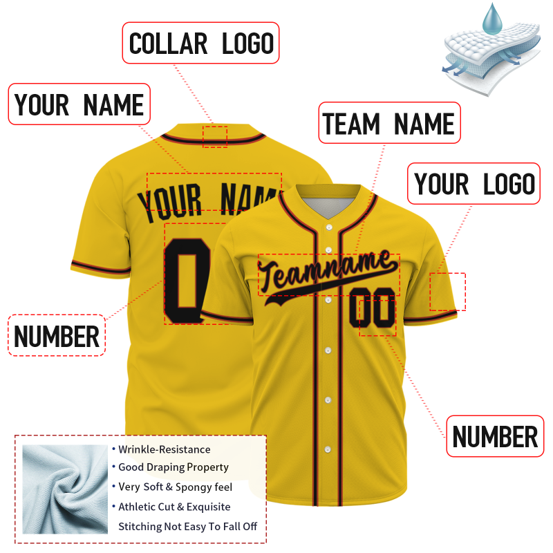 Custom Yellow Red Black Fashion Design Button Down Baseball Jersey