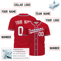 Custom Red Blue White Fashion Design Button Down Baseball Jersey
