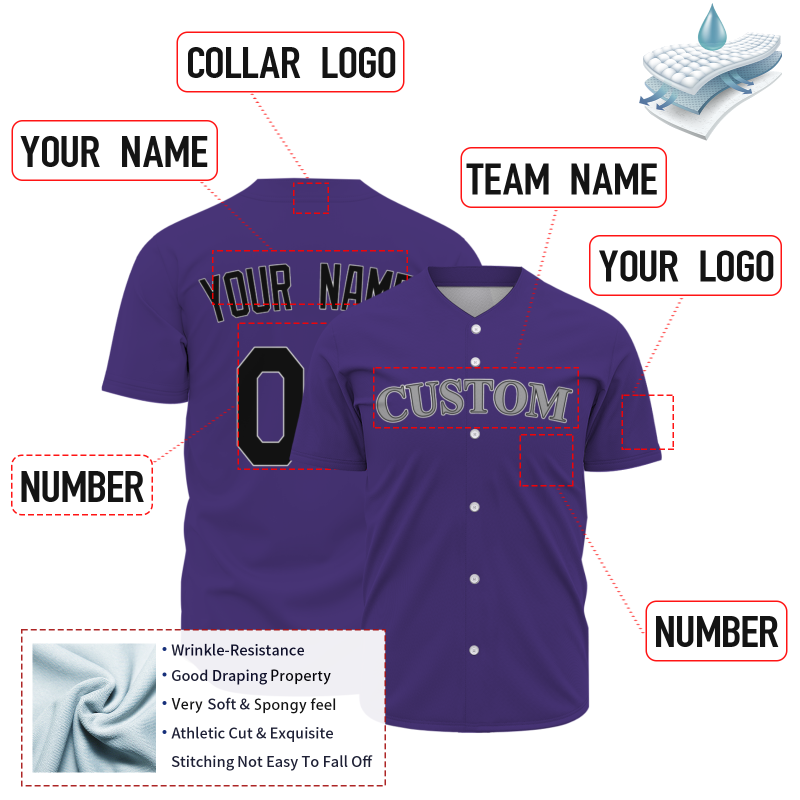 Custom Purple Black Gray Fashion Design Classic Style Button Baseball Jersey