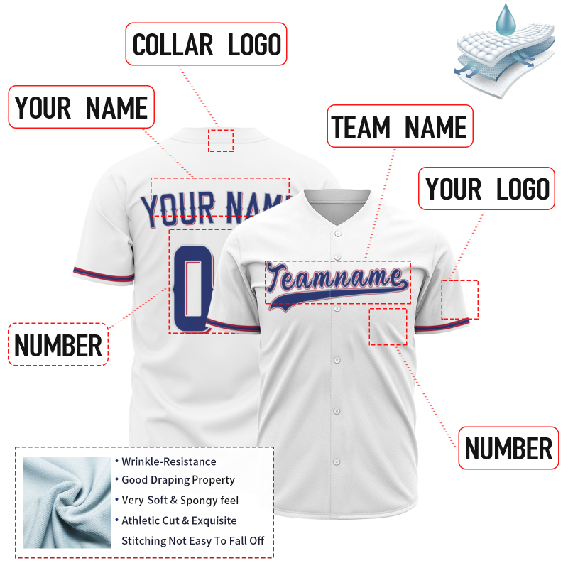 Custom White Blue Red Fashion Design Classic Style Button Baseball Jersey