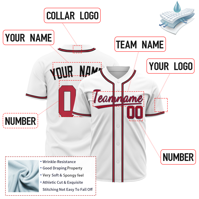 Custom White Red Black Fashion Design Classic Style Button Baseball Jersey