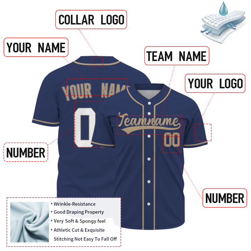 Custom Navy Blue Brown White Fashion Design Classic Style Button Down Baseball Jersey