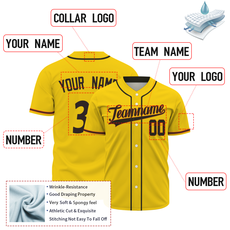 Custom Yellow Black Red Fashion Design Classic Style Button Down Baseball Jersey