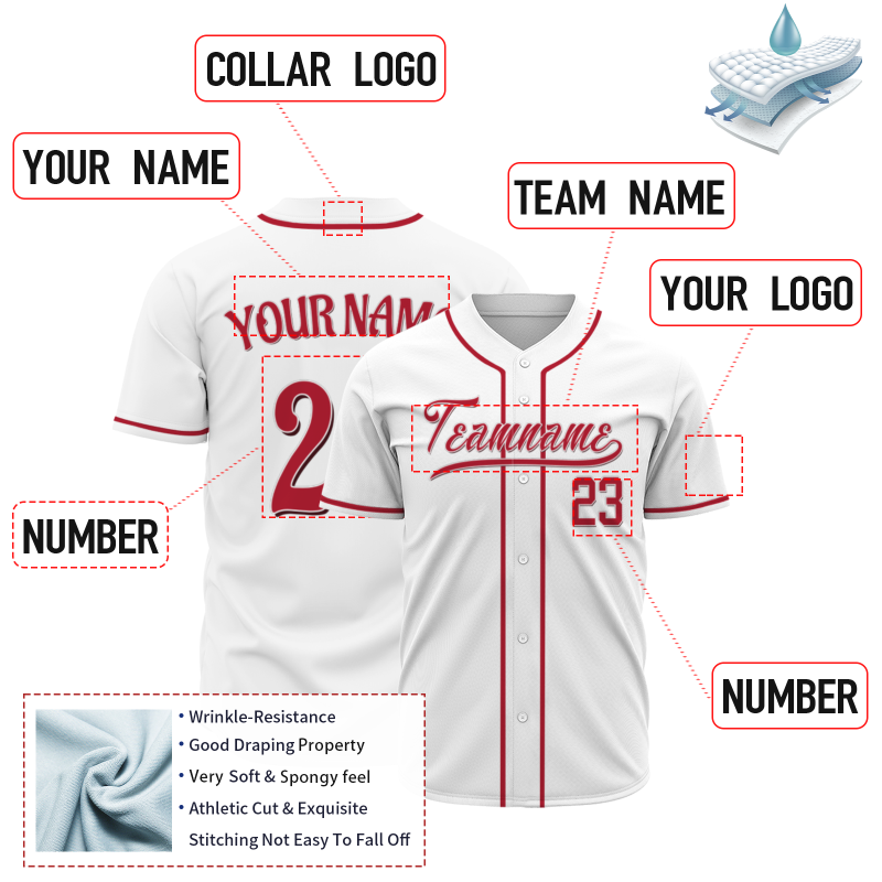 Custom White Red Fashion Design Classic Style Button Down Baseball Jersey