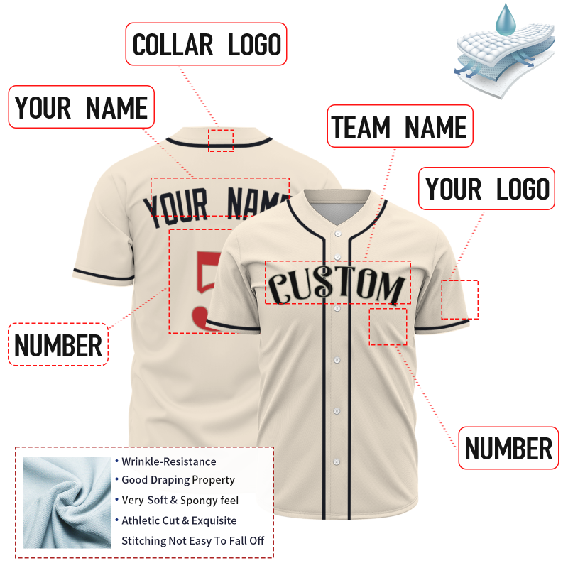 Custom Beige Black Red Fashion Design Classic Style Button Down Baseball Jersey