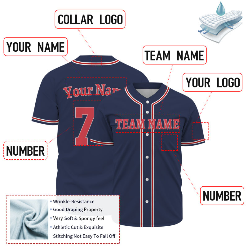 Custom Navy Blue Red White Fashion Design Classic Style Button Down Baseball Jersey