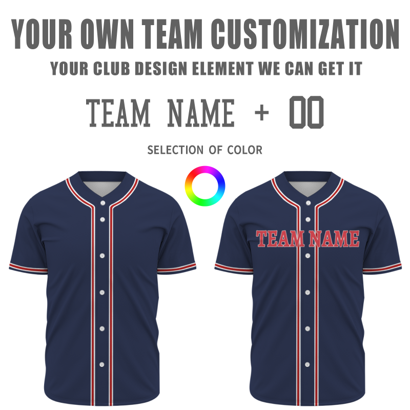 Custom Navy Blue Red White Fashion Design Classic Style Button Down Baseball Jersey