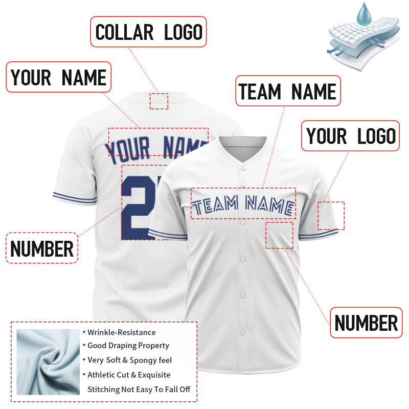 Custom White Navy Blue Fashion Design Classic Style Button Down Baseball Jersey