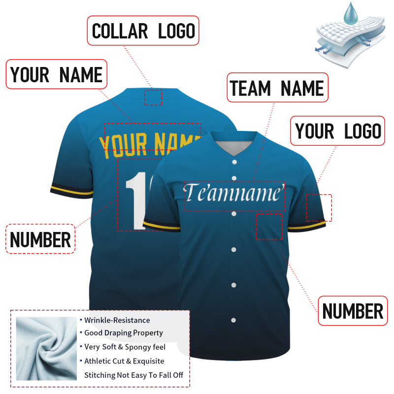 Custom  Blue Black Yellow White Gradient Fashion Design Classic Style Button Down Baseball Jersey