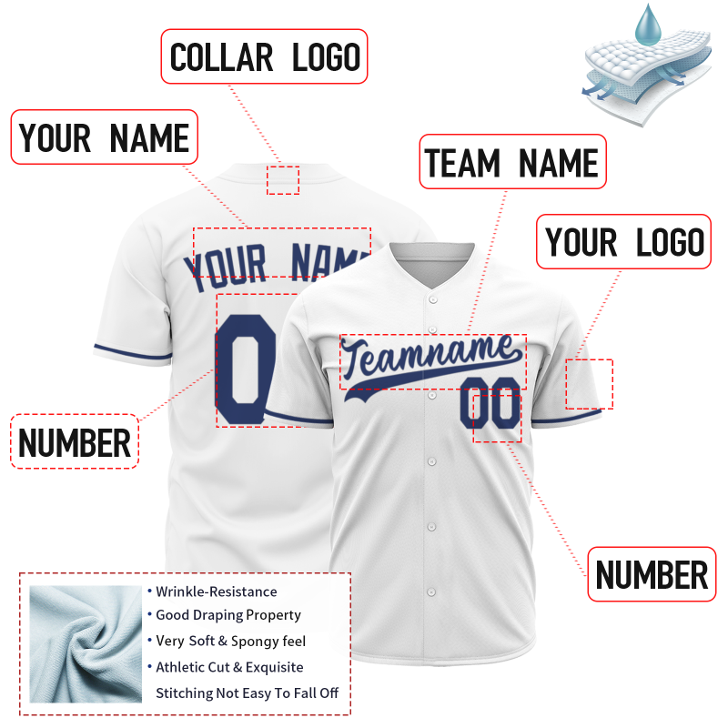 Custom  White Navy Blue Fashion Design Classic Style Button Down Baseball Jersey