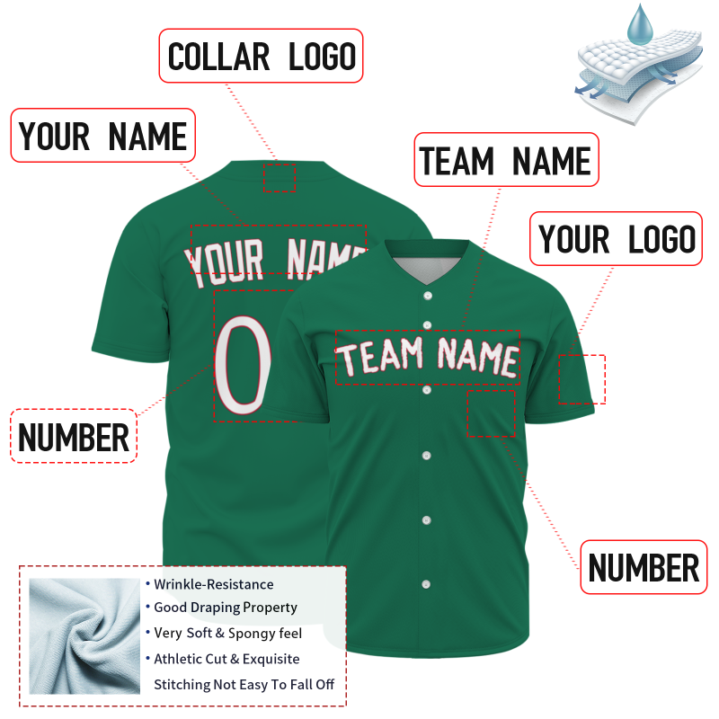 Custom Green White Red Classic Style Button Down Fashion Design Baseball Jersey