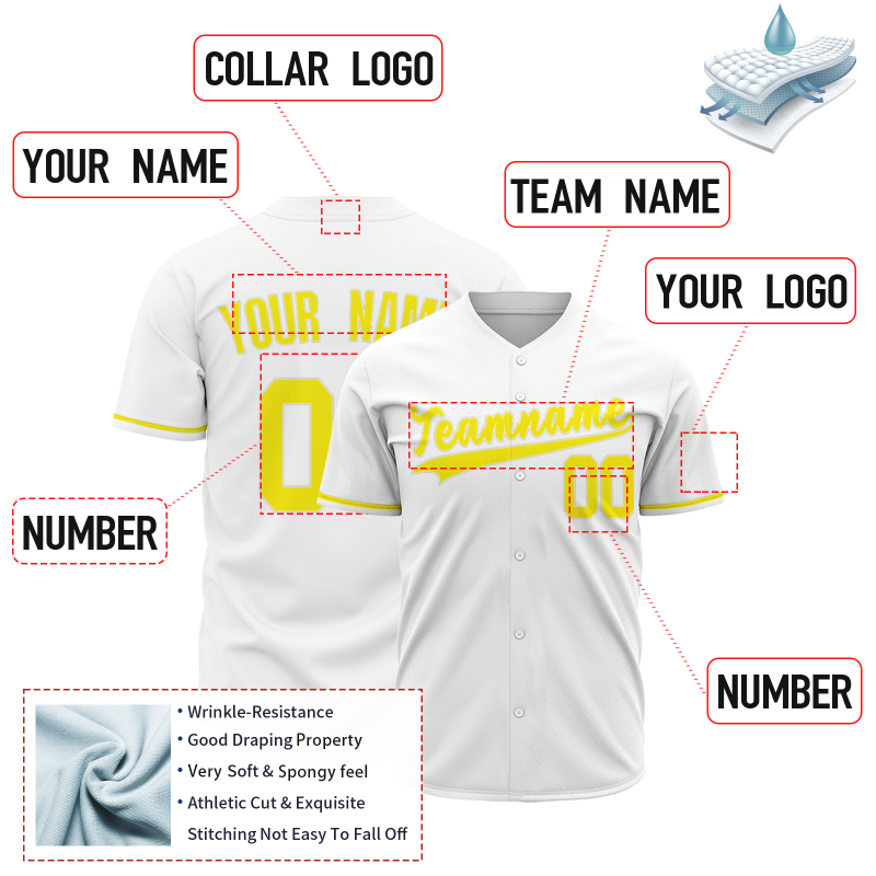 Custom White Yellow Classic Style Button Down Fashion Design Baseball Jersey