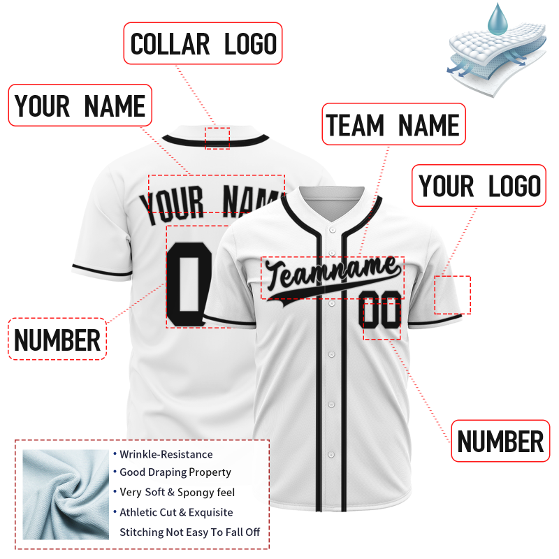 Custom White Black Classic Style Button Down Fashion Design Baseball Jersey
