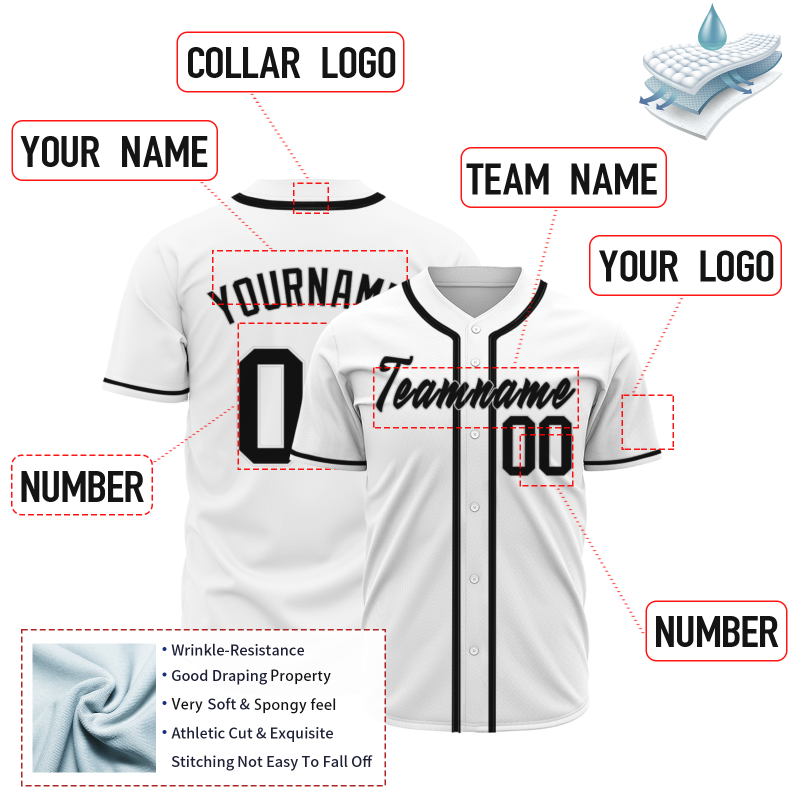 Custom White Black Classic Style Button Down Fashion Design Baseball Jersey