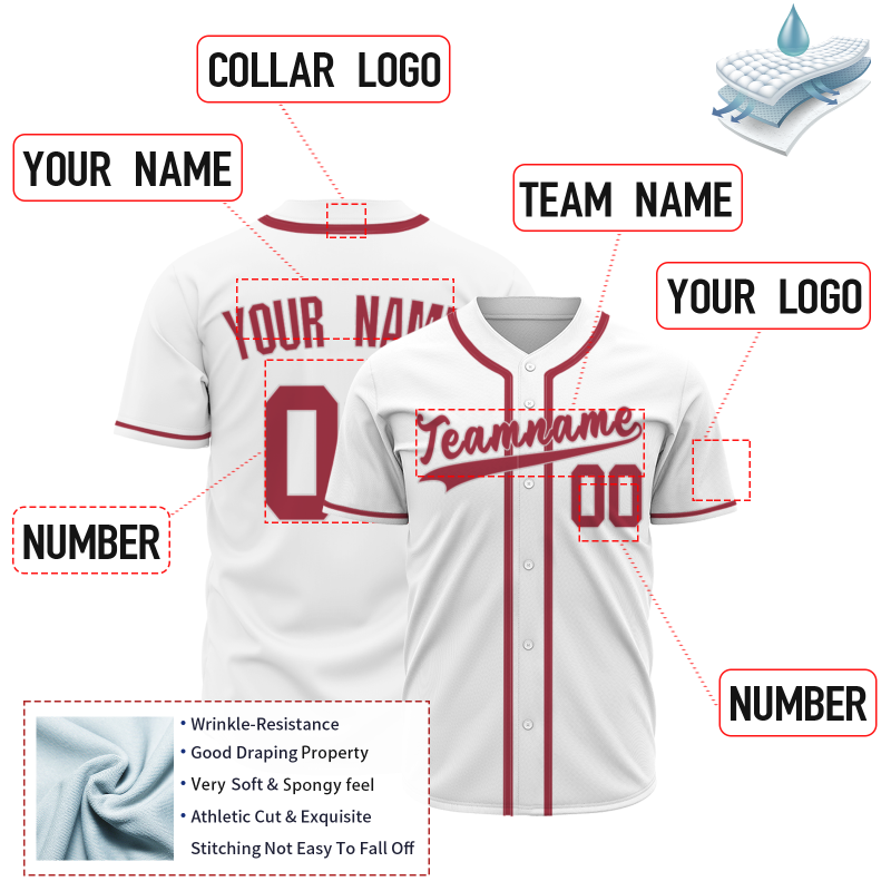 Custom White Red Classic Style Button Down Fashion Design Baseball Jersey