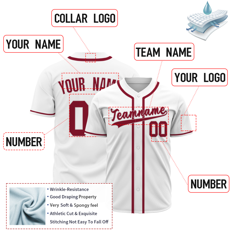 Custom White Red Classic Style Button Down Fashion Design Baseball Jersey