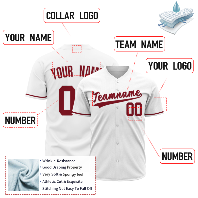 Custom White Red Classic Style Full Button Fashion Design Authentic Baseball Jersey