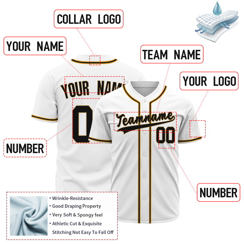Custom White Yellow black Classic Style Full Button Fashion Design Authentic Baseball Jersey