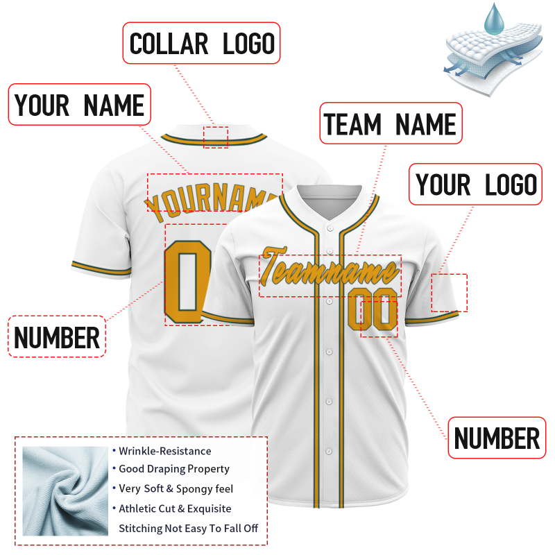 Custom White Gold Black Classic Style Full Button Fashion Design Authentic Baseball Jersey
