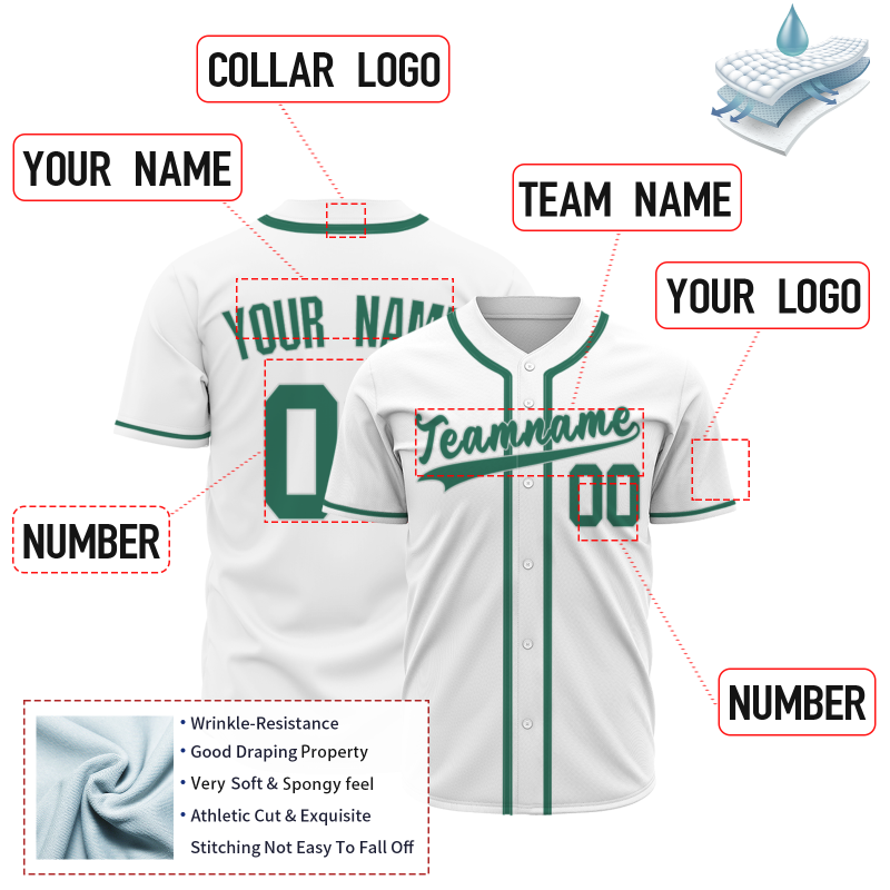 Custom White Green Classic Style Button Down Fashion Design Baseball Jersey