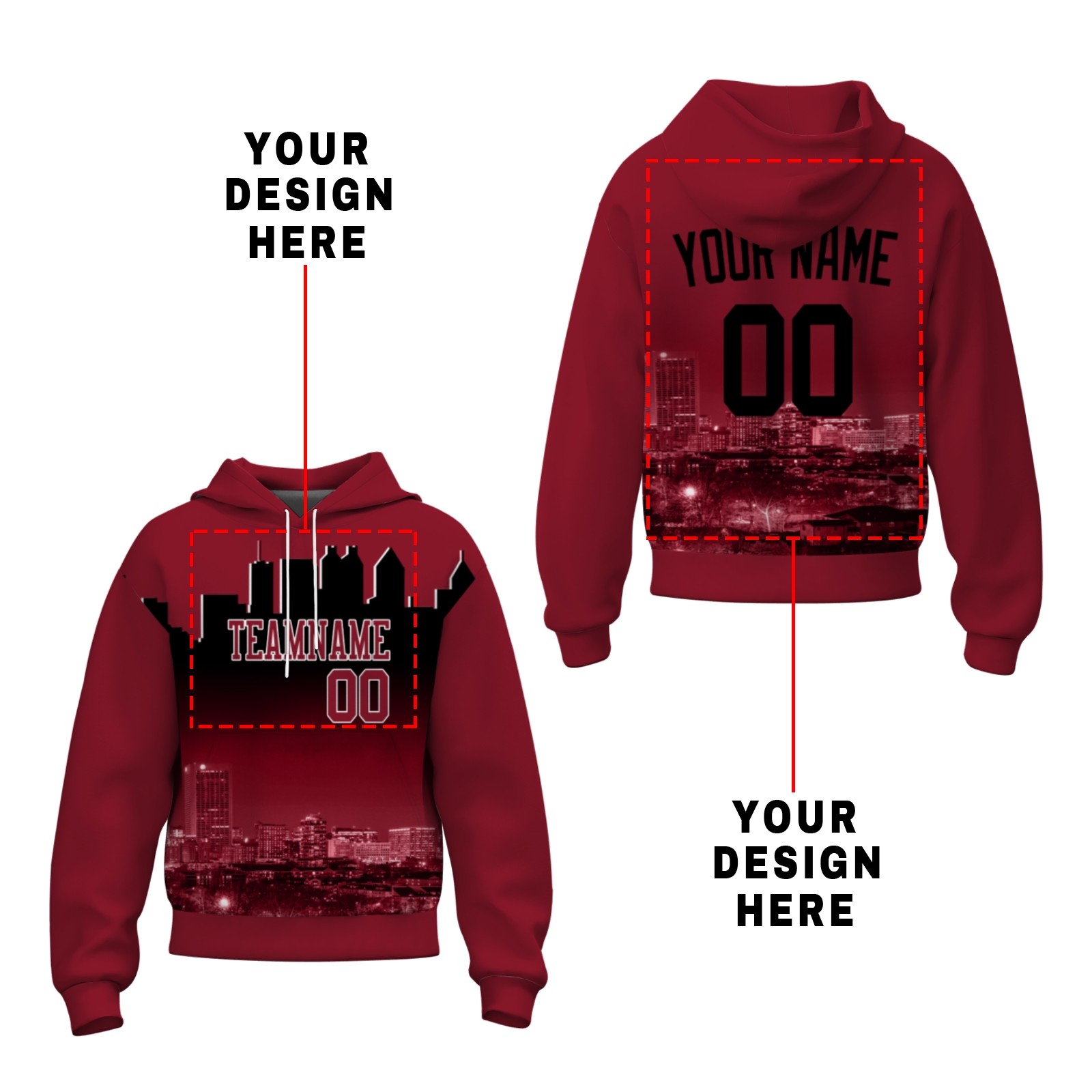 Custom Red Black City Silhouette Style Fashion Athletic Pullover Sweatshirt Hoodie