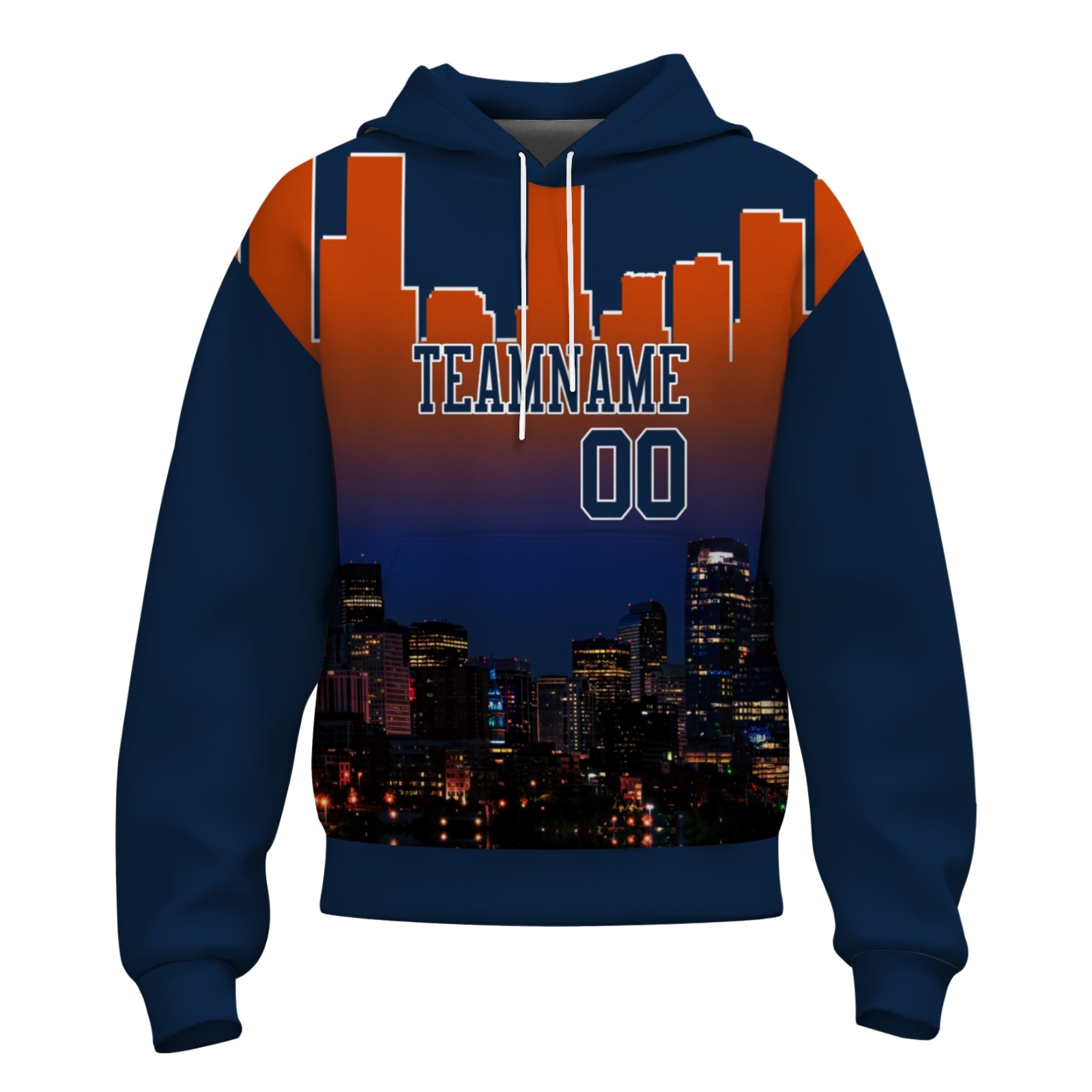 Custom Navy Blue Orange City Silhouette Style Fashion Athletic Pullover Sweatshirt Hoodie